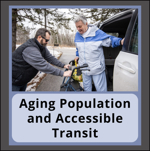 Aging Population and Accessible Transit. Younger man holding a walker for an elderly man exiting a van.
